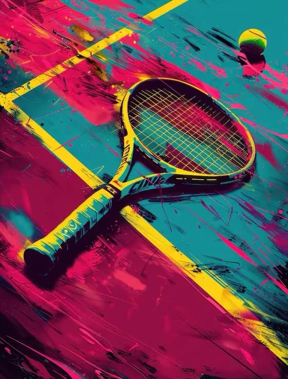Tennis racket and ball painted over a court in pink and teal