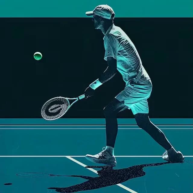 Tennis player reaching for a low ball, in teal duotone